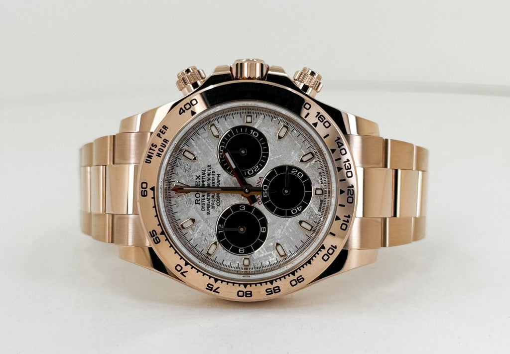 Rolex Daytona Rose Gold Meteorite and Black Subdials Dial Index Dial Gold Bezel Oyster Bracelet 116505 - Luxury Time NYC