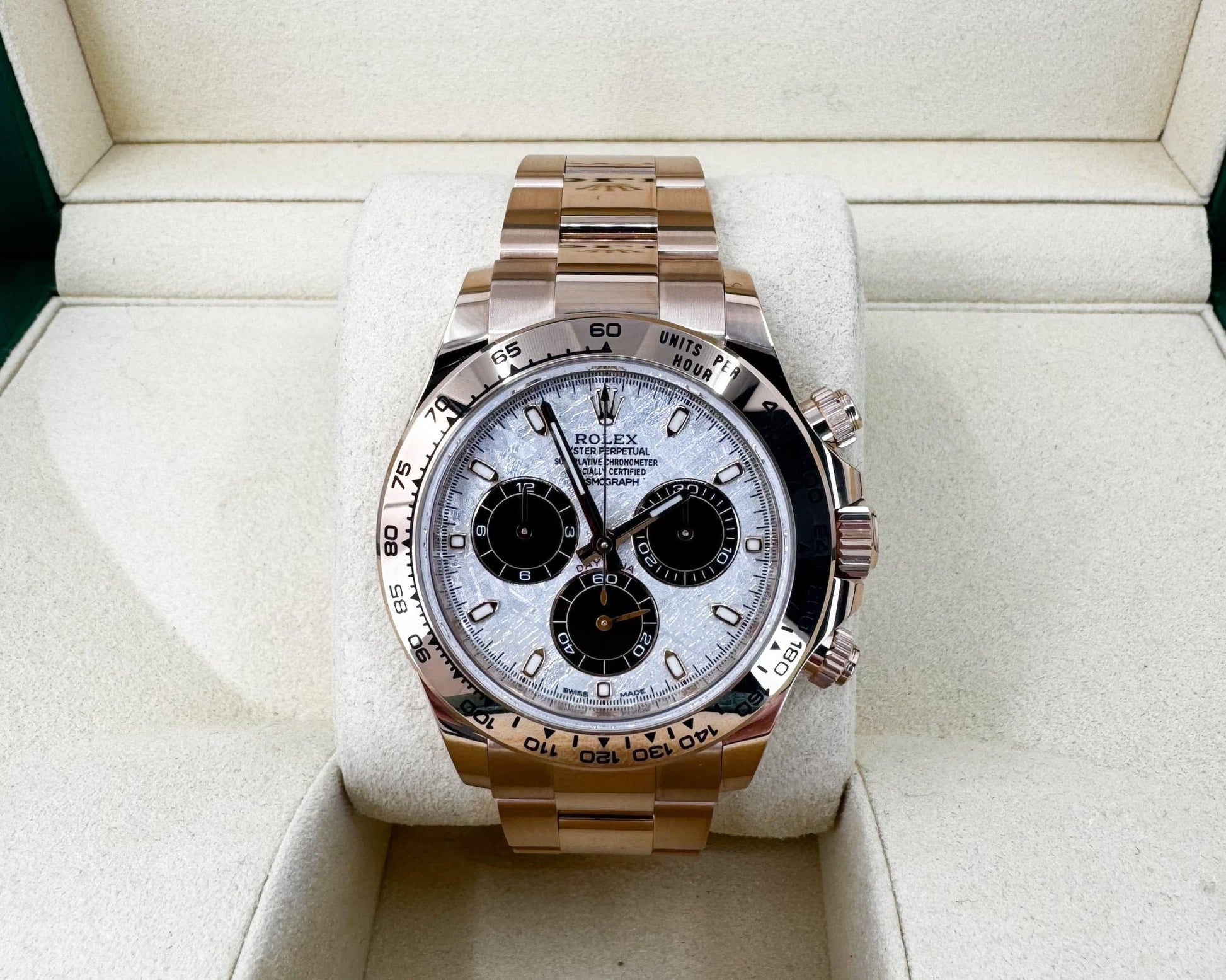 Rolex Daytona Rose Gold Meteorite and Black Subdials Dial Index Dial Gold Bezel Oyster Bracelet 116505 - Luxury Time NYC