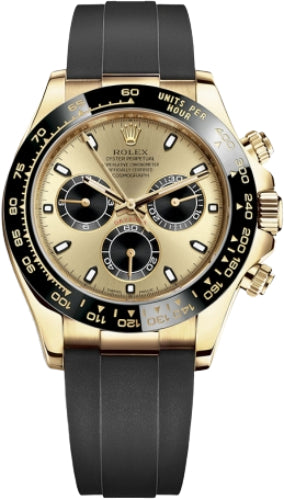 Rolex Daytona Yellow Gold Champagne/Black Index Dial Ceramic Bezel Oysterflex Rubber Bracelet 116518LN