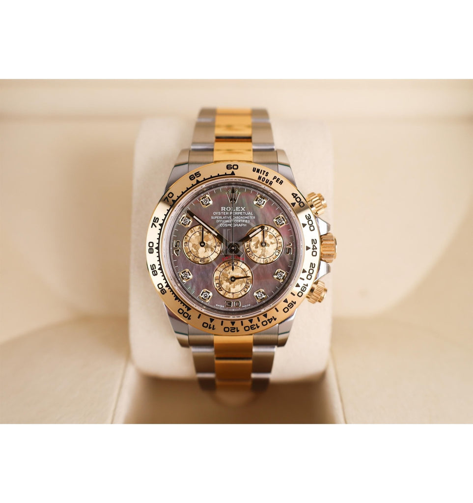 Rolex Daytona Yellow Gold/Steel Tahitian Mother of Pearl Diamond Dial Yellow Gold Bezel Oyster Bracelet 116503 - Luxury Time NYC