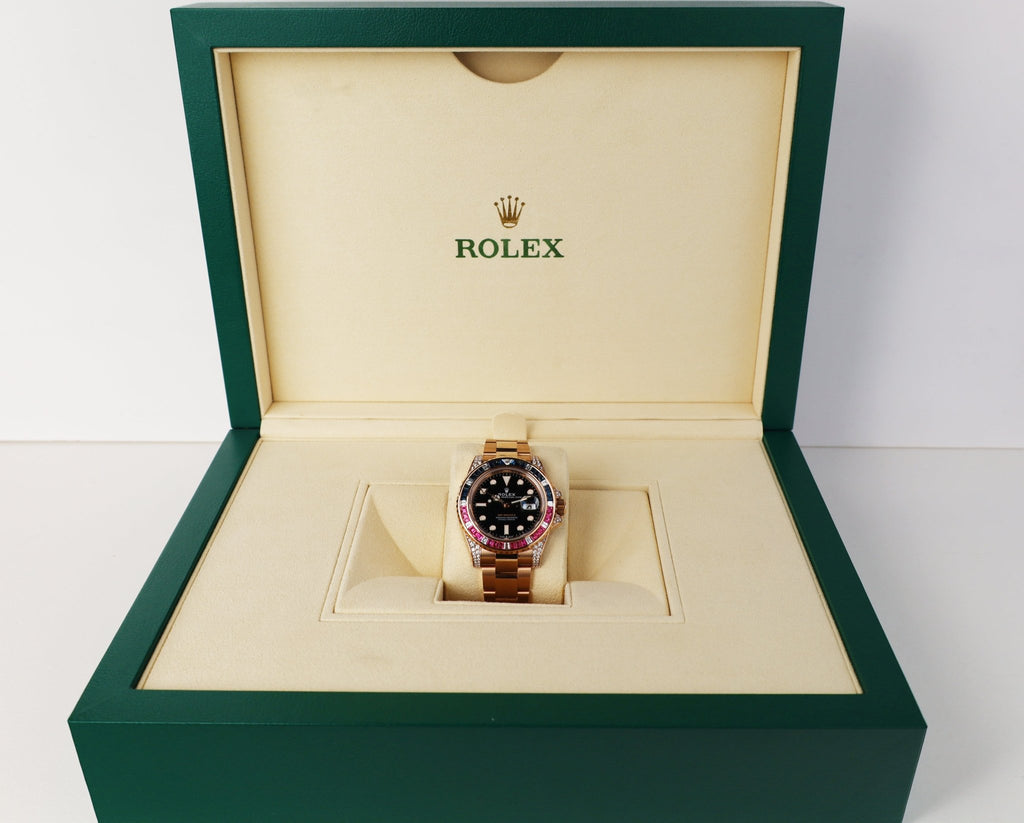 Rolex Everose GMT-Master II 40 Watch - Diamond Lugs - Diamond Sapphire Emerald Bezel - Black Dial - Oyster Bracelet - 126755SARU bk - Luxury Time NYC