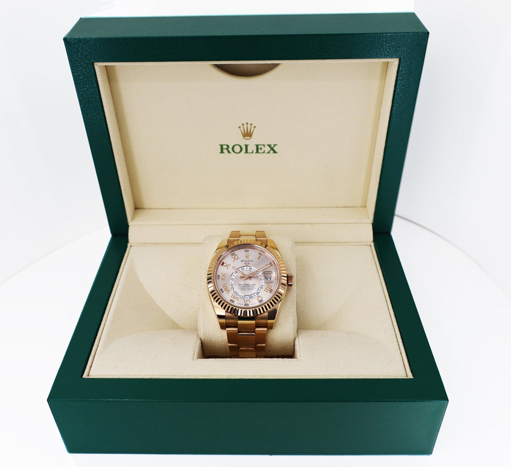Rolex Everose Gold Sky-Dweller Watch - Sundust Sunray Roman Dial - Oyster Bracelet - 326935 su - Luxury Time NYC