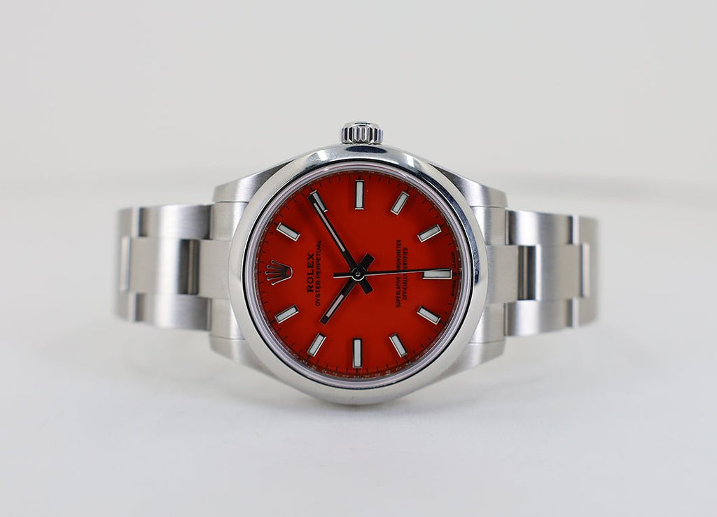 Rolex Oyster Perpetual 31 Watch - Domed Bezel - Coral Red Index Dial - Oyster Bracelet - 2020 Release - 277200 reio