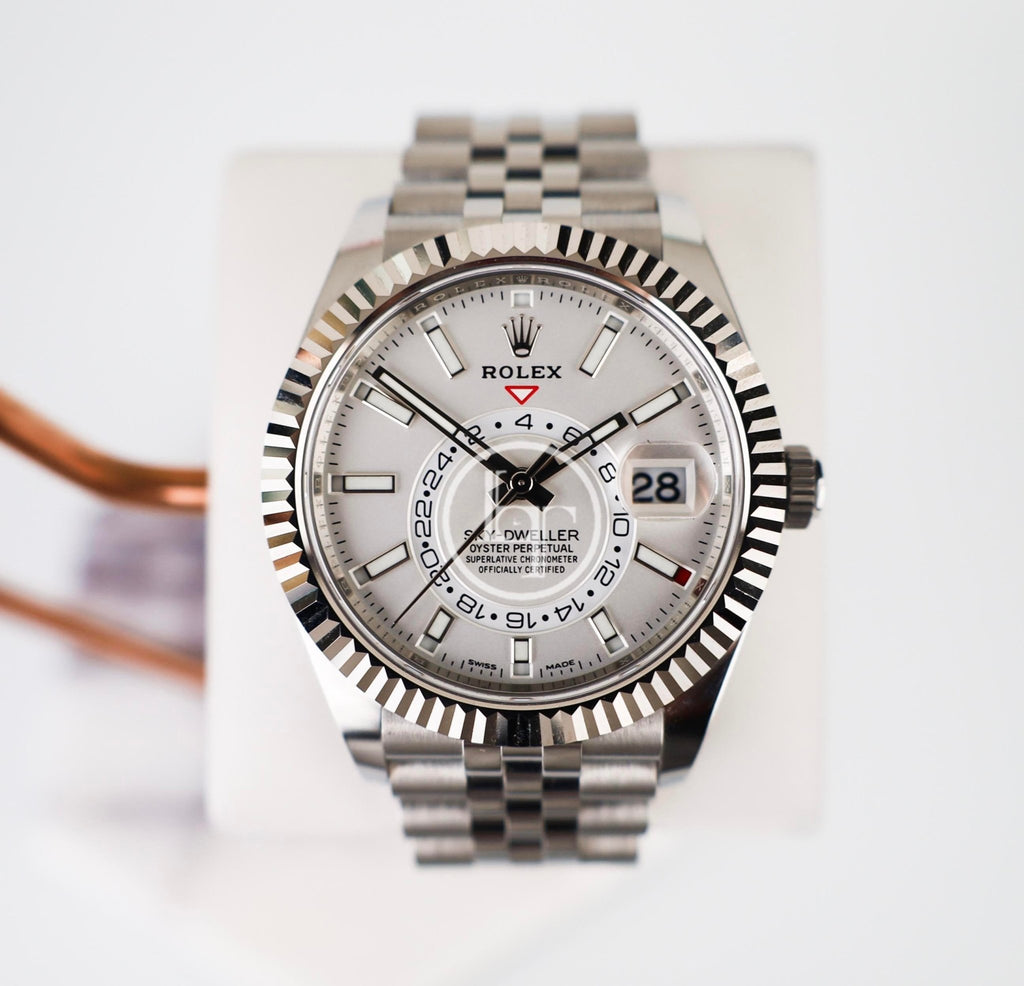 Rolex Oyster Perpetual White Rolesor Sky - Dweller Watch - White Index Dial - Jubilee Bracelet - 326934 wij - Luxury Time NYC