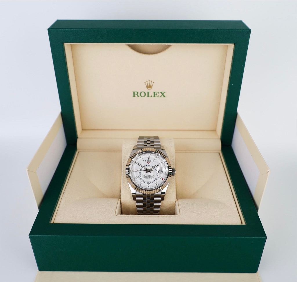 Rolex Oyster Perpetual White Rolesor Sky - Dweller Watch - White Index Dial - Jubilee Bracelet - 326934 wij - Luxury Time NYC