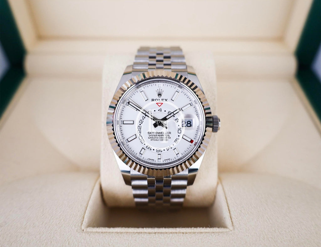 Rolex Oyster Perpetual White Rolesor Sky - Dweller Watch - White Index Dial - Jubilee Bracelet - 326934 wij - Luxury Time NYC