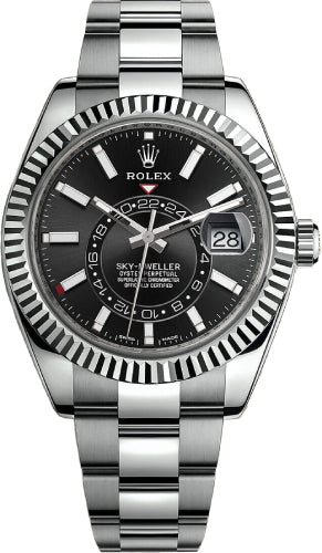 Rolex Sky-Dweller Stainless Steel Black Index Dial Fluted White Gold Bezel Oyster Bracelet 326934