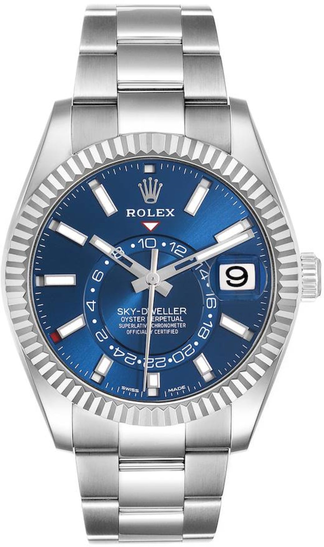 Rolex Sky-Dweller Stainless Steel Blue Index Dial Fluted White Gold Bezel Oyster Bracelet 326934