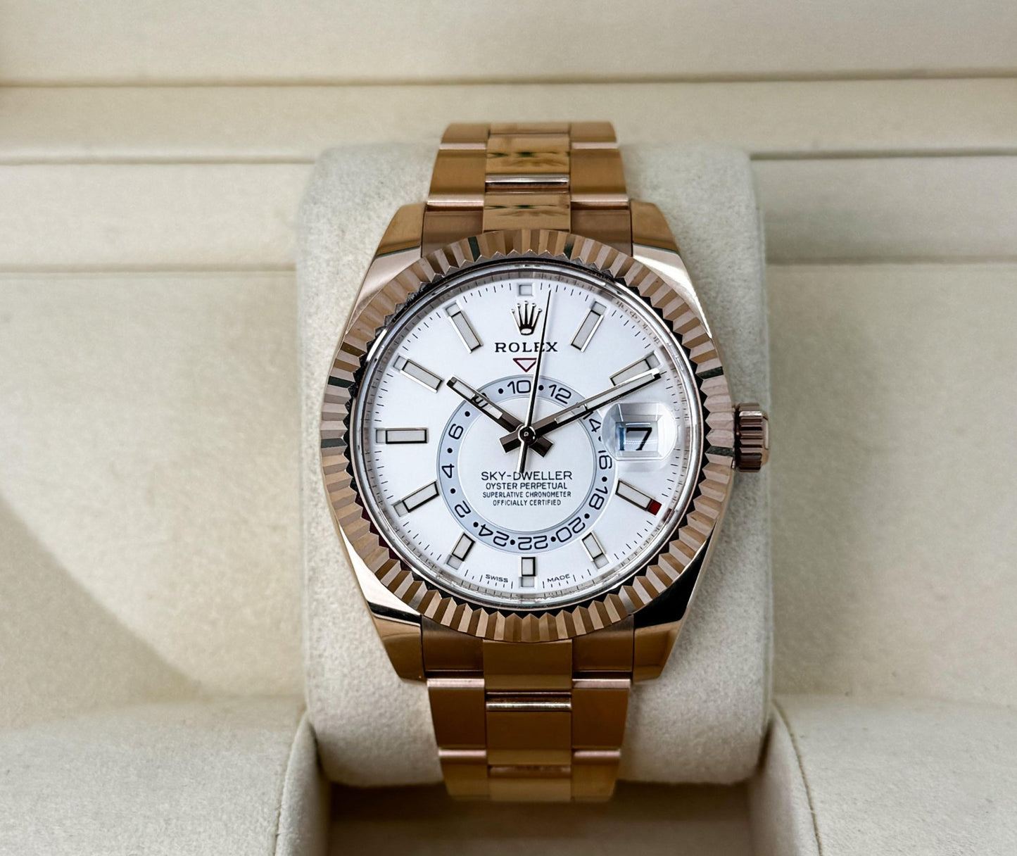 Rolex Sky-Dweller Rose Gold White Index Dial Fluted Bezel Oyster Bracelet 326935 - Luxury Time NYC