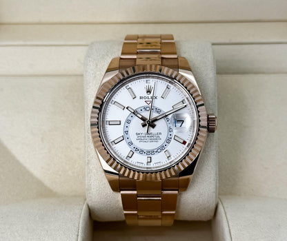 Rolex Sky-Dweller Rose Gold White Index Dial Fluted Bezel Oyster Bracelet 326935 - Luxury Time NYC
