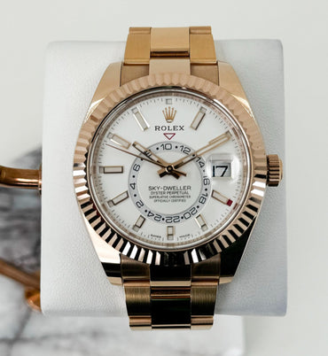 Rolex Sky-Dweller Rose Gold White Index Dial Fluted Bezel Oyster Bracelet 326935 - Luxury Time NYC