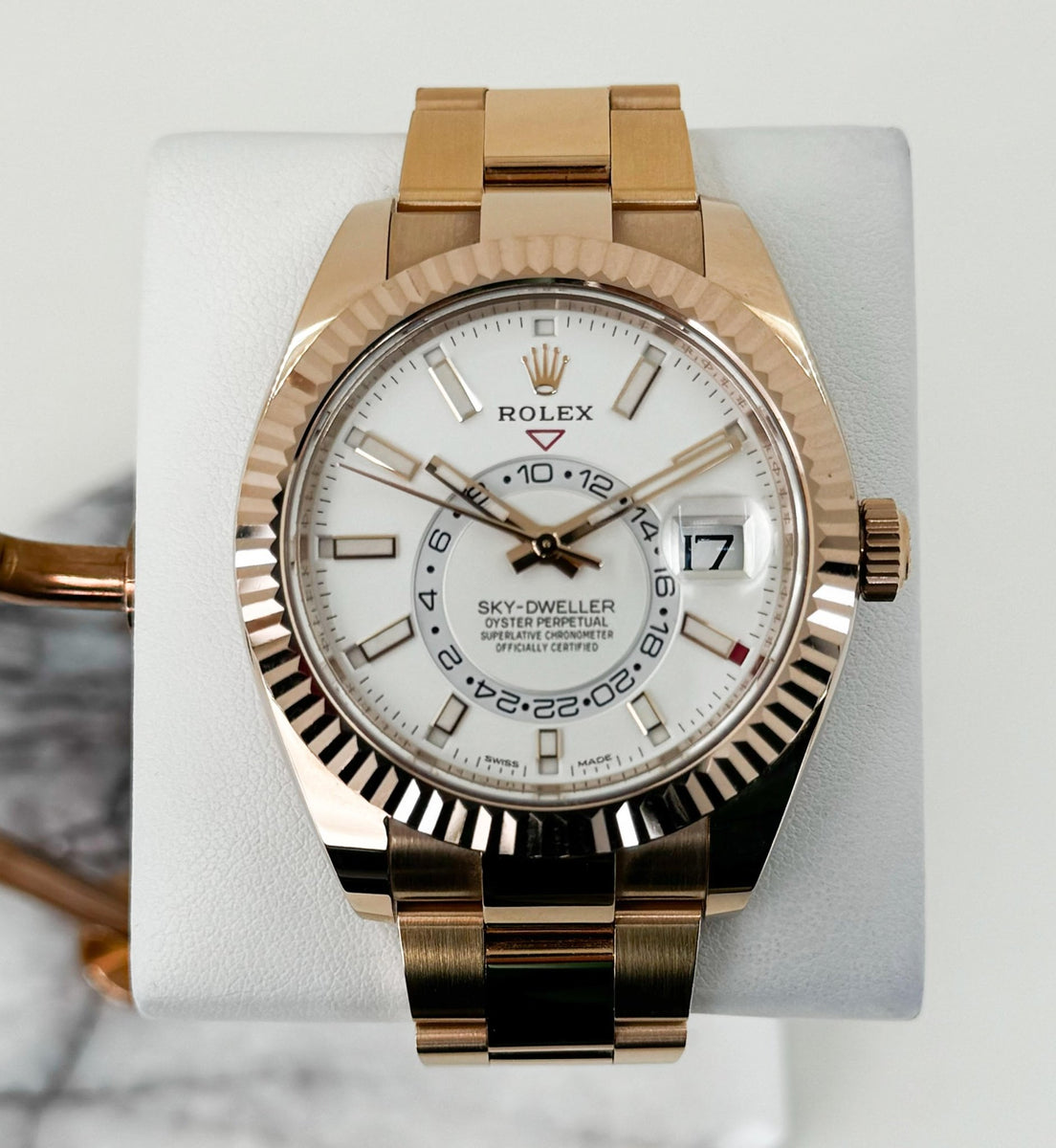 Rolex Sky-Dweller Rose Gold White Dial Fluted Bezel - 326935 – Luxury ...