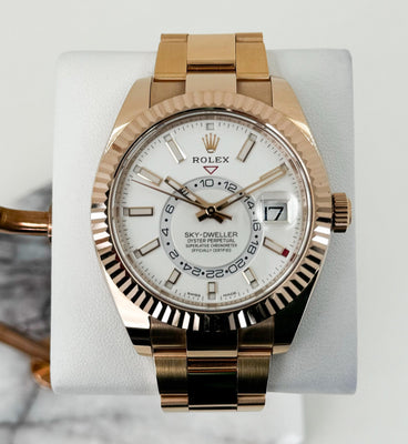 Rolex Sky-Dweller Rose Gold White Index Dial Fluted Bezel Oyster Bracelet 326935 - Luxury Time NYC