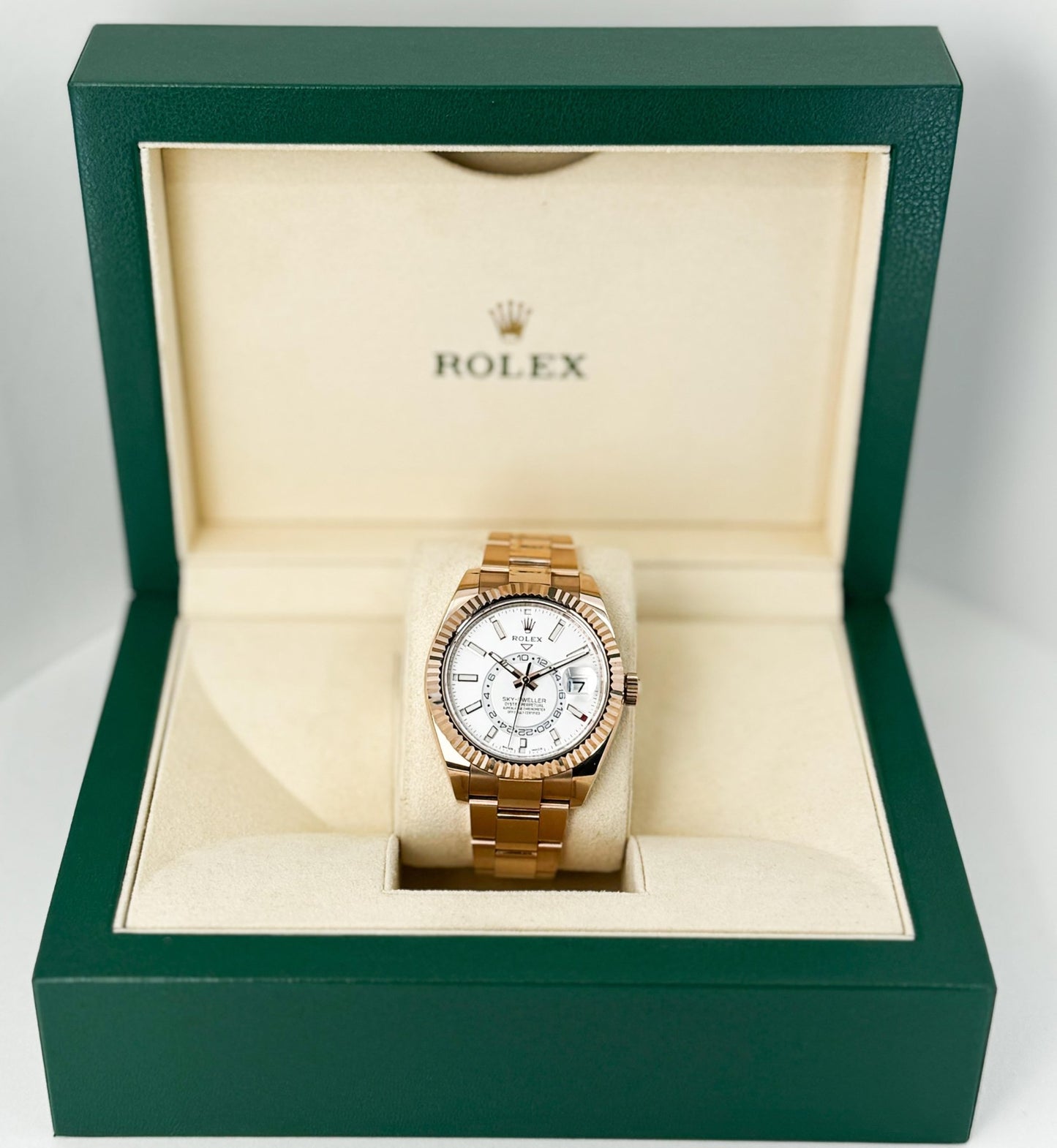 Rolex Sky-Dweller Rose Gold White Index Dial Fluted Bezel Oyster Bracelet 326935 - Luxury Time NYC
