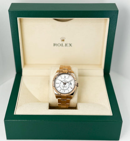 Rolex Sky-Dweller Rose Gold White Index Dial Fluted Bezel Oyster Bracelet 326935 - Luxury Time NYC