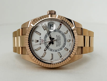 Rolex Sky-Dweller Rose Gold White Index Dial Fluted Bezel Oyster Bracelet 326935 - Luxury Time NYC