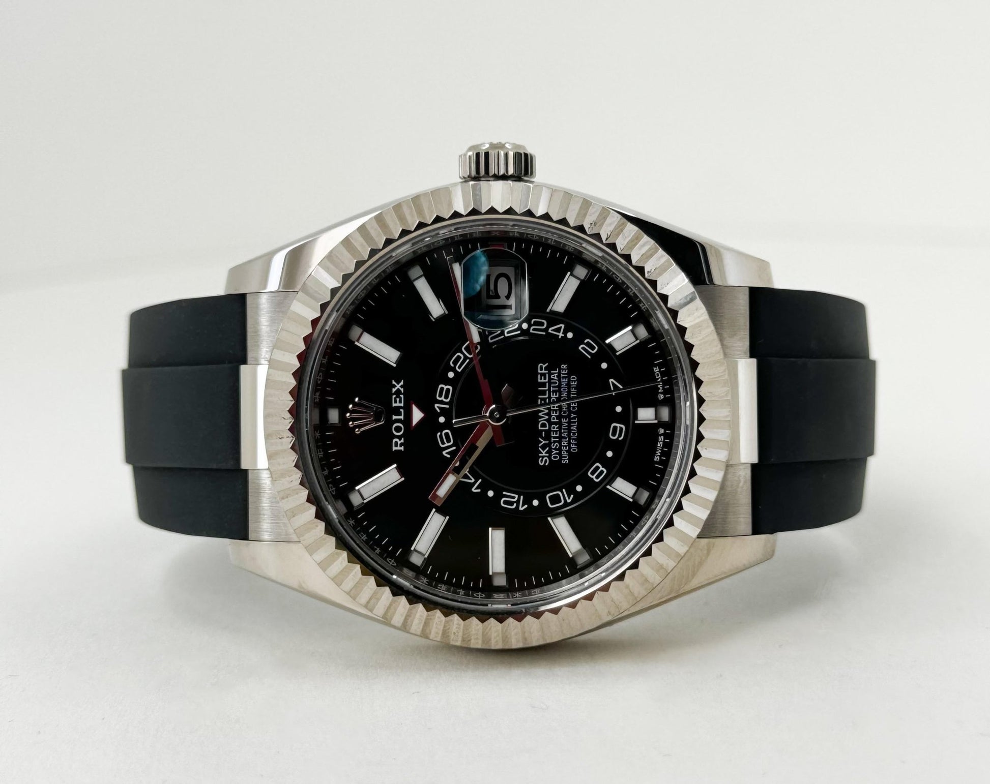 Rolex Sky-Dweller White Gold Bright Black Index Dial Oysterflex Rubber Strap 336239 - Luxury Time NYC