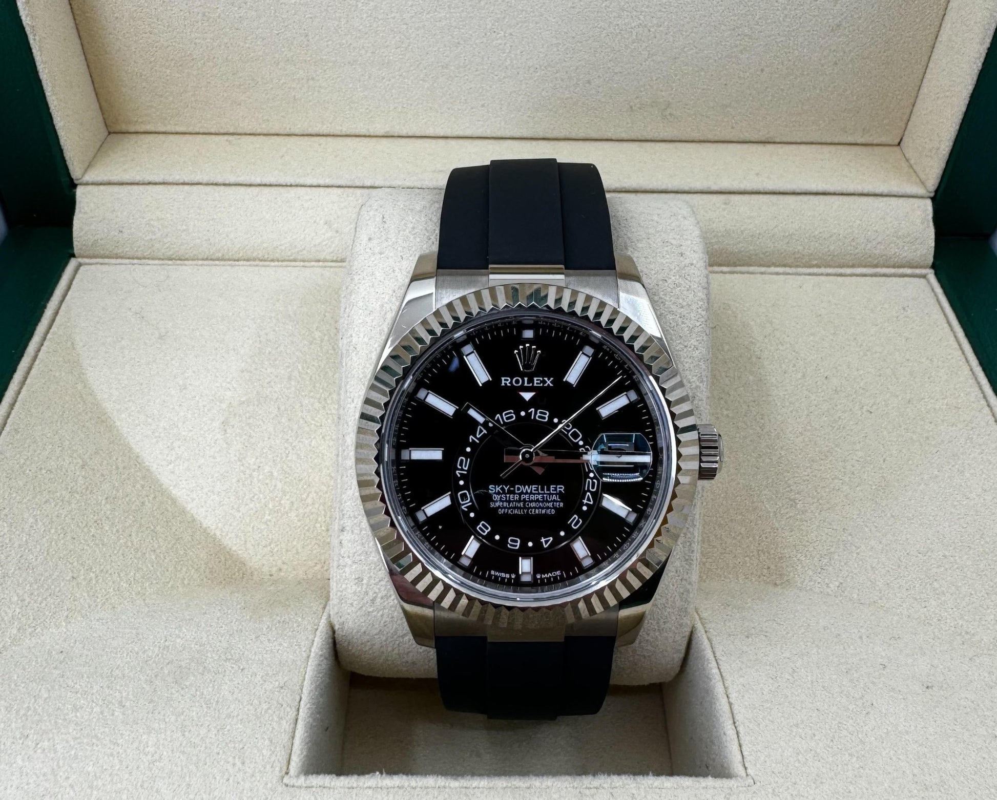 Rolex Sky-Dweller White Gold Bright Black Index Dial Oysterflex Rubber Strap 336239 - Luxury Time NYC