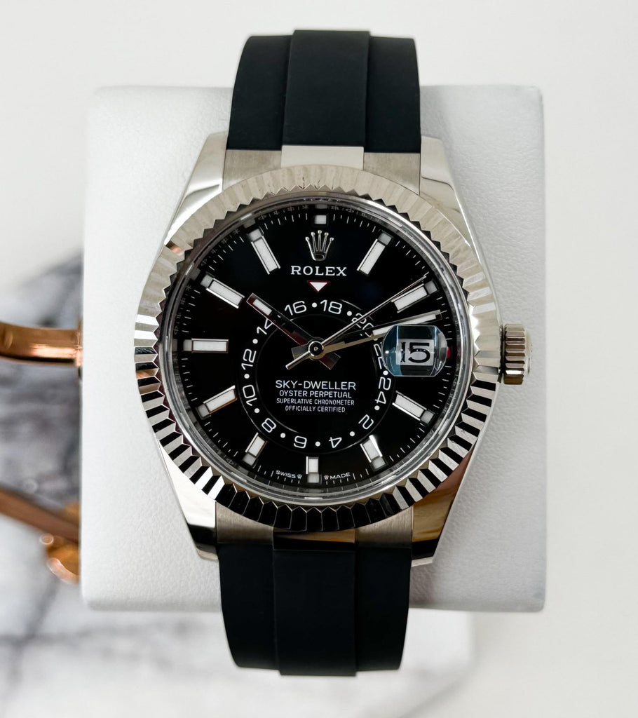 Rolex Sky-Dweller White Gold Bright Black Index Dial Oysterflex Rubber Strap 336239 - Luxury Time NYC