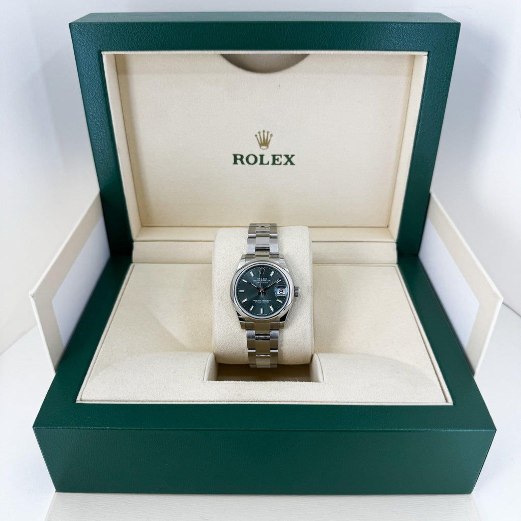 Rolex Steel and White Gold Datejust 31 Watch - Domed Bezel - Mint Green Index Dial - Oyster Bracelet - 2020 Release - 278240 mgio - Luxury Time NYC