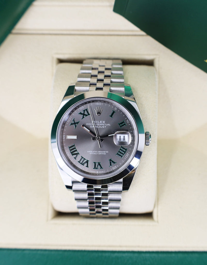 Rolex Steel Datejust 41 Watch - Smooth Bezel - Slate Green Roman Dial - Jubilee Bracelet - 126300 slgrj - Luxury Time NYC