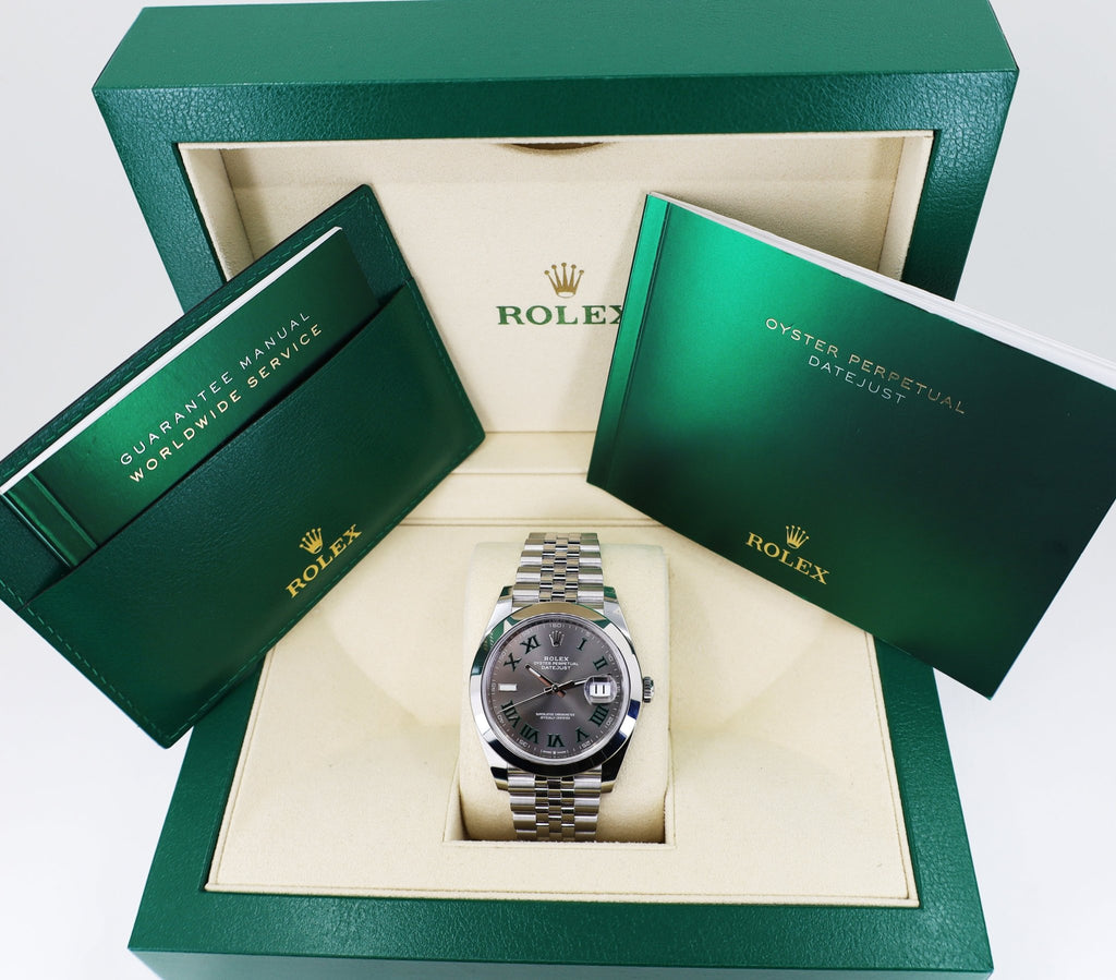 Rolex Steel Datejust 41 Watch - Smooth Bezel - Slate Green Roman Dial - Jubilee Bracelet - 126300 slgrj - Luxury Time NYC