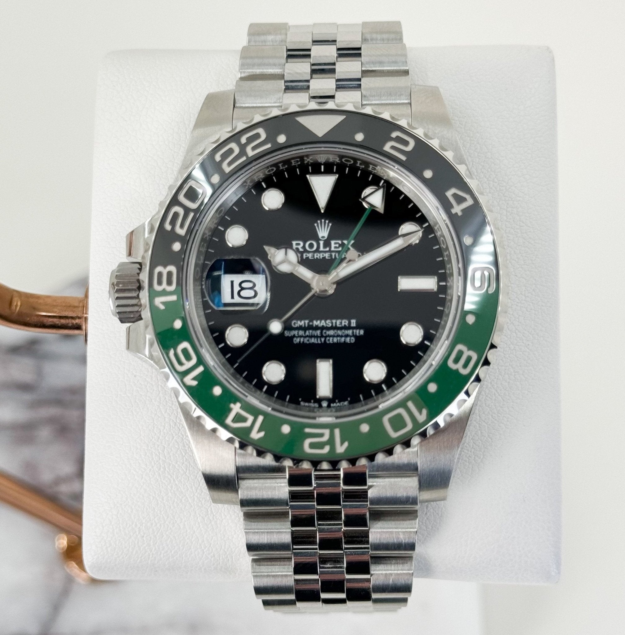 Rolex Steel GMT-Master II 40 Watch - "Sprite" - Black Dial - Jubilee Bracelet - 126720VTNR - Luxury Time NYC