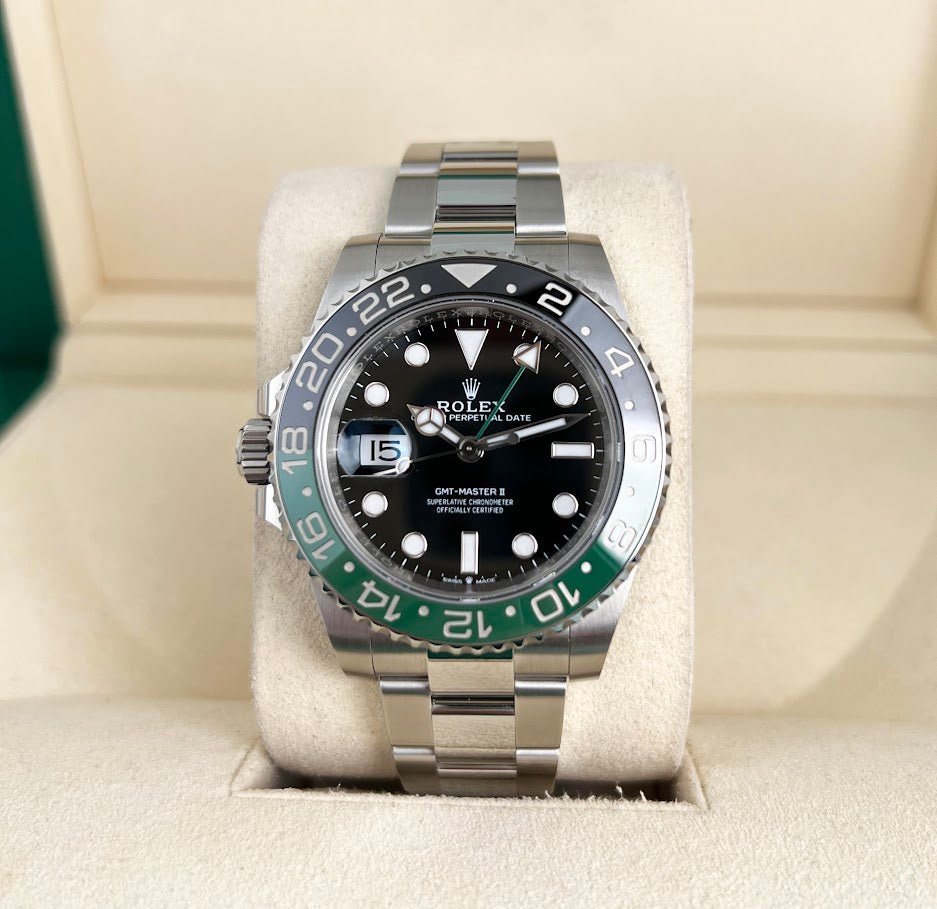 Rolex Steel GMT-Master II 40 Watch - "Sprite" - Black Dial - Oyster Bracelet - 126720VTNR - Luxury Time NYC