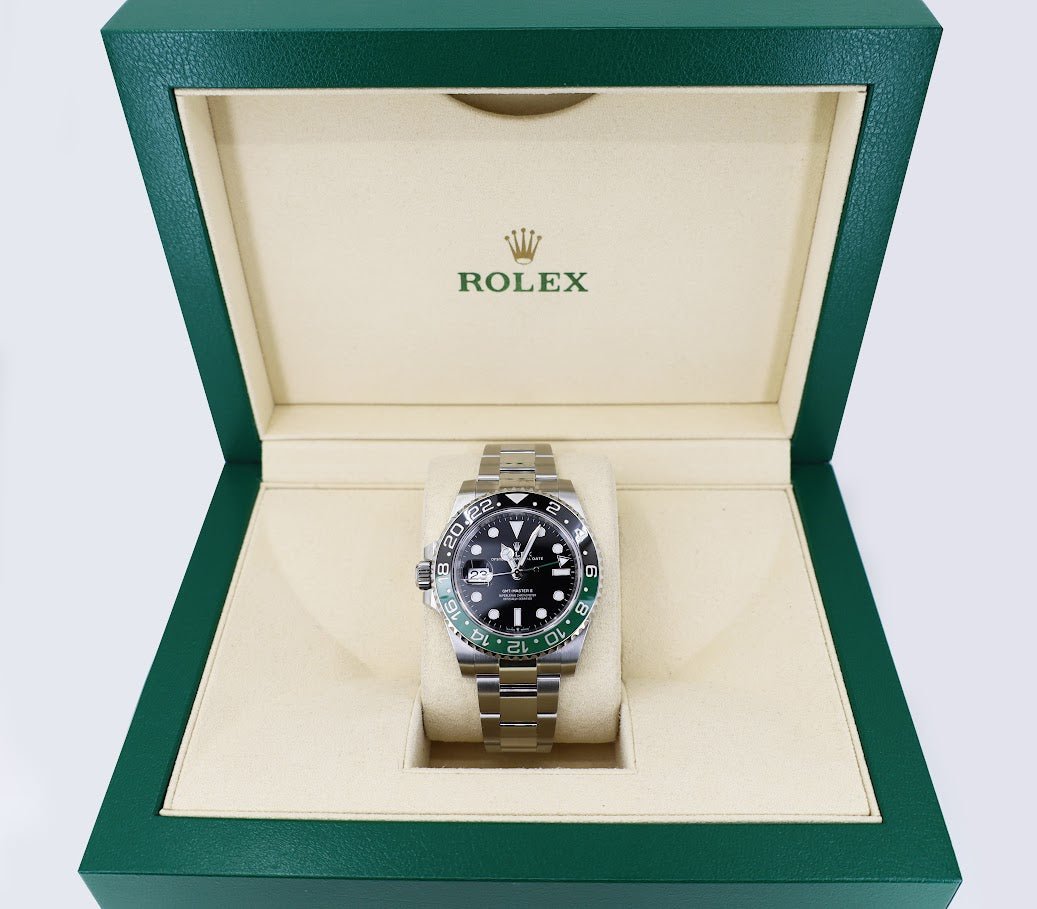 Rolex Steel GMT-Master II 40 Watch - "Sprite" - Black Dial - Oyster Bracelet - 126720VTNR - Luxury Time NYC