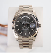 Load image into Gallery viewer, Rolex White Gold Day - Date 40 Watch - Fluted Bezel - Dark Rhodium Stripe Motif Index Dial - President Bracelet - 228239 rsmip - Luxury Time NYC