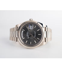 Load image into Gallery viewer, Rolex White Gold Day - Date 40 Watch - Fluted Bezel - Dark Rhodium Stripe Motif Index Dial - President Bracelet - 228239 rsmip - Luxury Time NYC