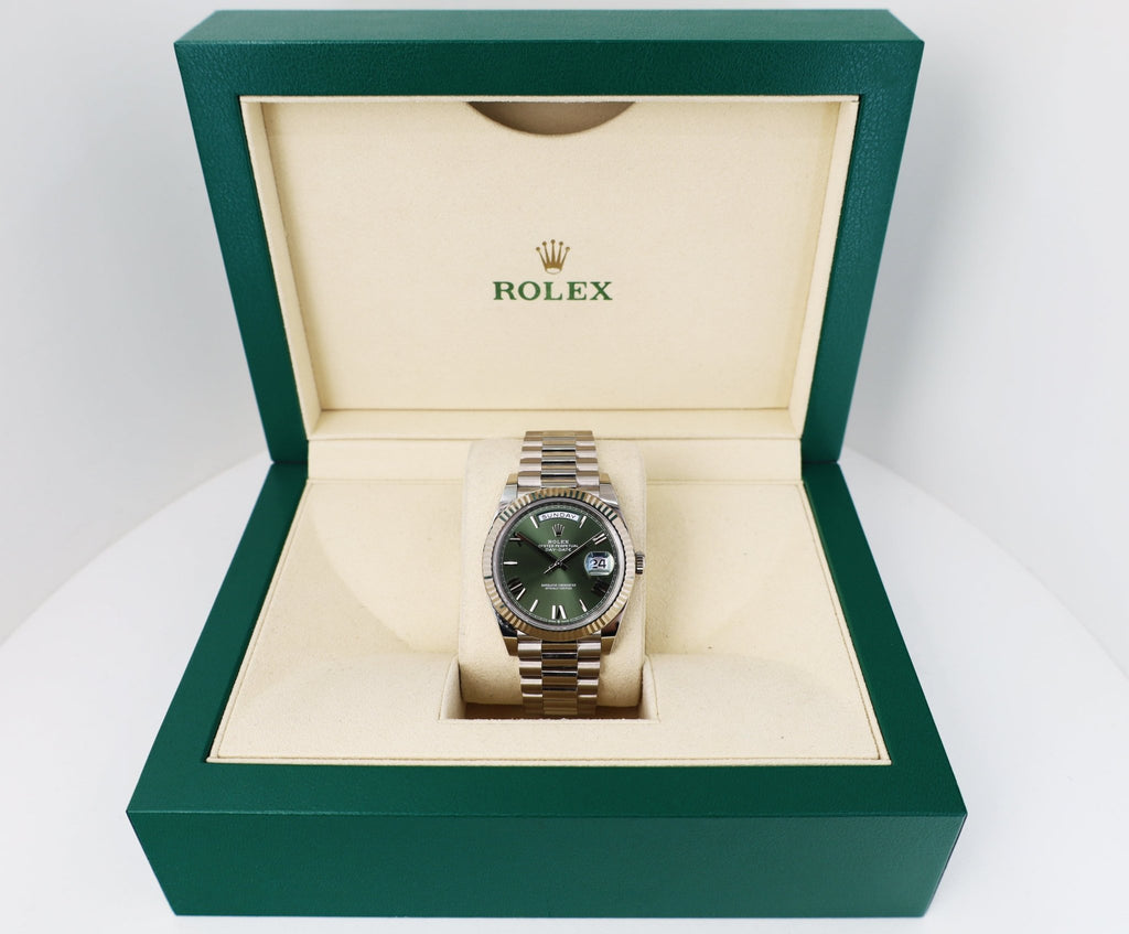 Rolex White Gold Day-Date 40 Watch - Fluted Bezel - Olive Green Bevelled Roman Dial - President Bracelet - 228239 ogrp - Luxury Time NYC