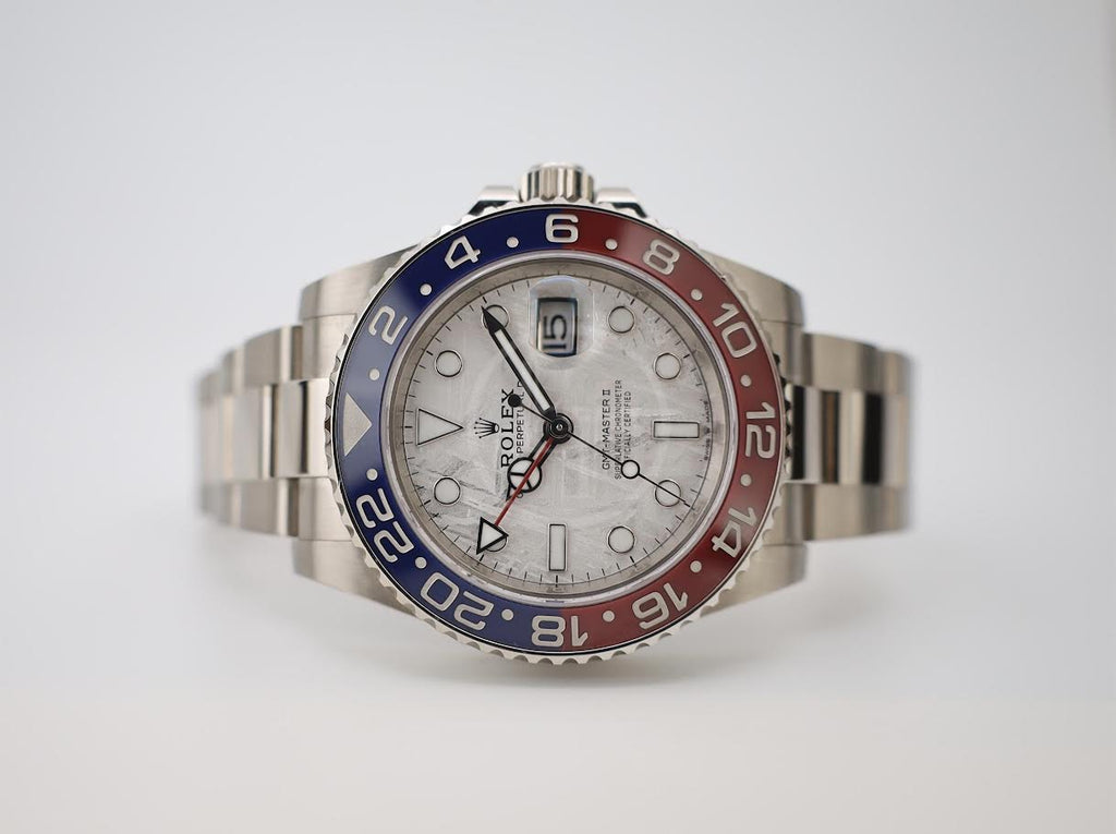 Rolex White Gold GMT - Master II 40 Watch - Blue and Red Pepsi Bezel - Meteorite Dial - Oyster Bracelet - 126719BLRO mt - Luxury Time NYC