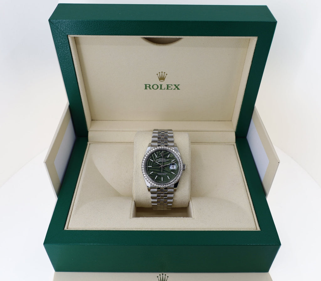 Rolex White Rolesor Datejust 36 Watch - Diamond Bezel - Olive Green Palm Motif Index 6 Dial - Jubilee Bracelet - 126284rbr ogpmij - Luxury Time NYC