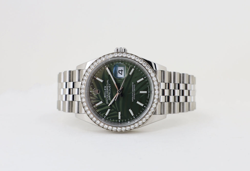 Rolex White Rolesor Datejust 36 Watch - Diamond Bezel - Olive Green Palm Motif Index 6 Dial - Jubilee Bracelet - 126284rbr ogpmij - Luxury Time NYC