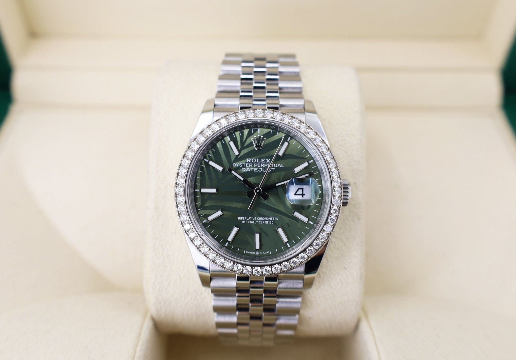 Rolex White Rolesor Datejust 36 Watch - Diamond Bezel - Olive Green Palm Motif Index 6 Dial - Jubilee Bracelet - 126284rbr ogpmij - Luxury Time NYC
