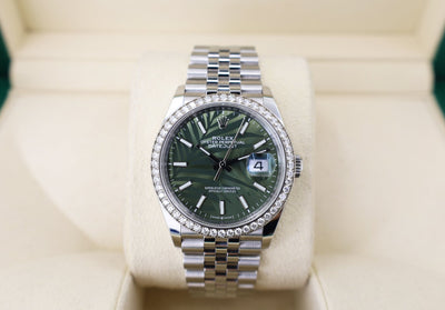 Rolex White Rolesor Datejust 36 Watch - Diamond Bezel - Olive Green Palm Motif Index 6 Dial - Jubilee Bracelet - 126284rbr ogpmij - Luxury Time NYC
