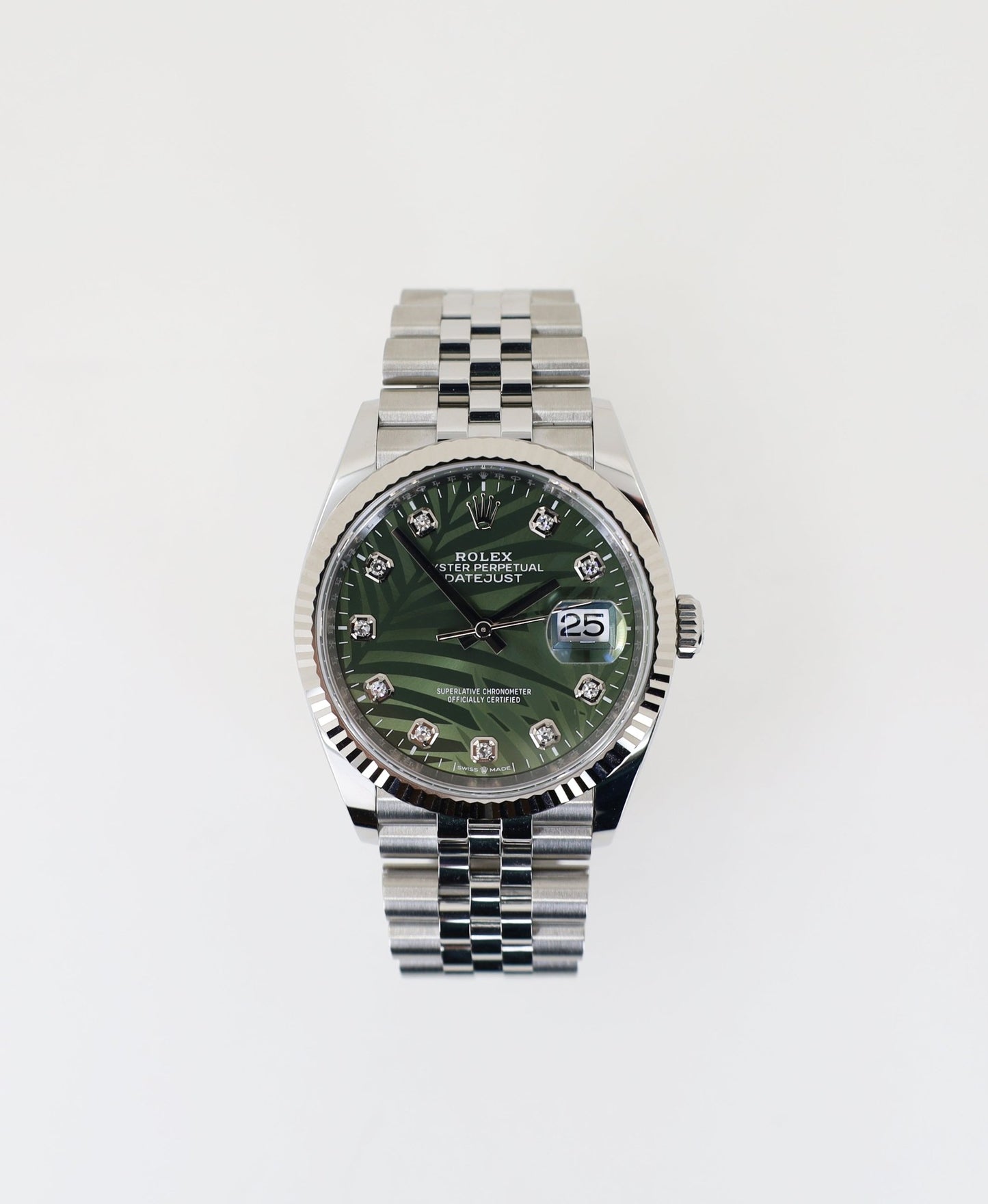Rolex White Rolesor Datejust 36 Watch - Fluted Bezel - Olive Green Palm Motif Diamond 6 Dial - Jubilee Bracelet - 126234 ogpmdj - Luxury Time NYC