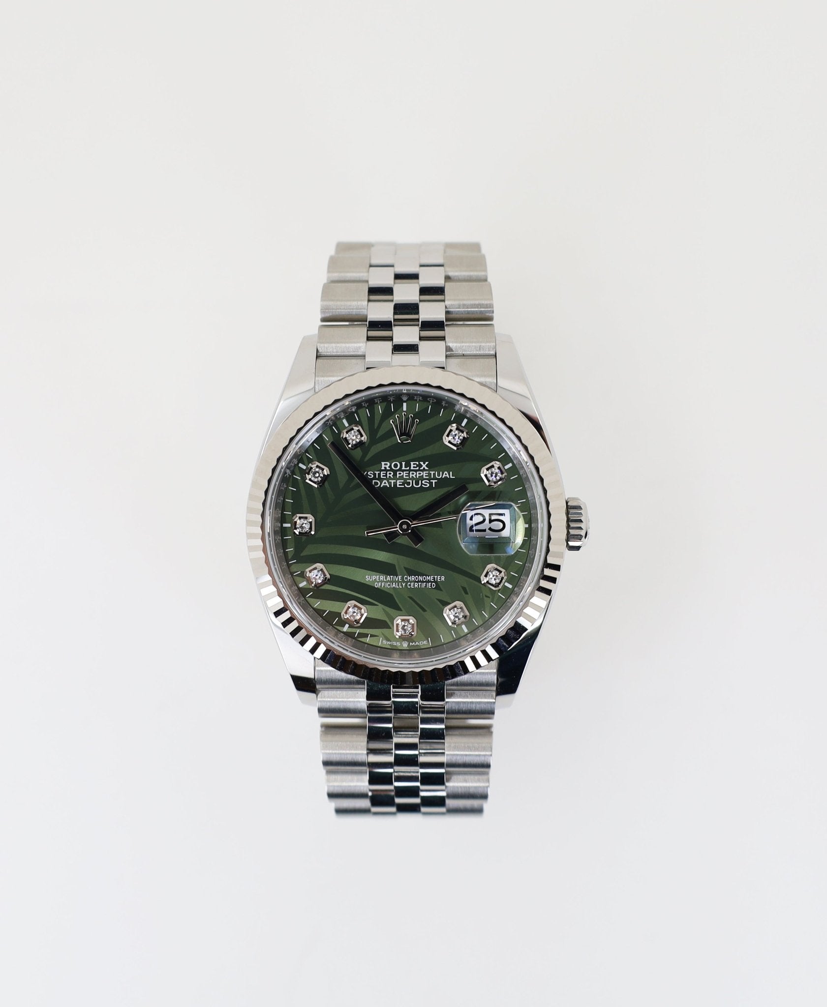 Rolex White Rolesor Datejust 36 Watch - Fluted Bezel - Olive Green Palm Motif Diamond 6 Dial - Jubilee Bracelet - 126234 ogpmdj - Luxury Time NYC