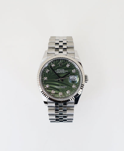 Rolex White Rolesor Datejust 36 Watch - Fluted Bezel - Olive Green Palm Motif Diamond 6 Dial - Jubilee Bracelet - 126234 ogpmdj - Luxury Time NYC