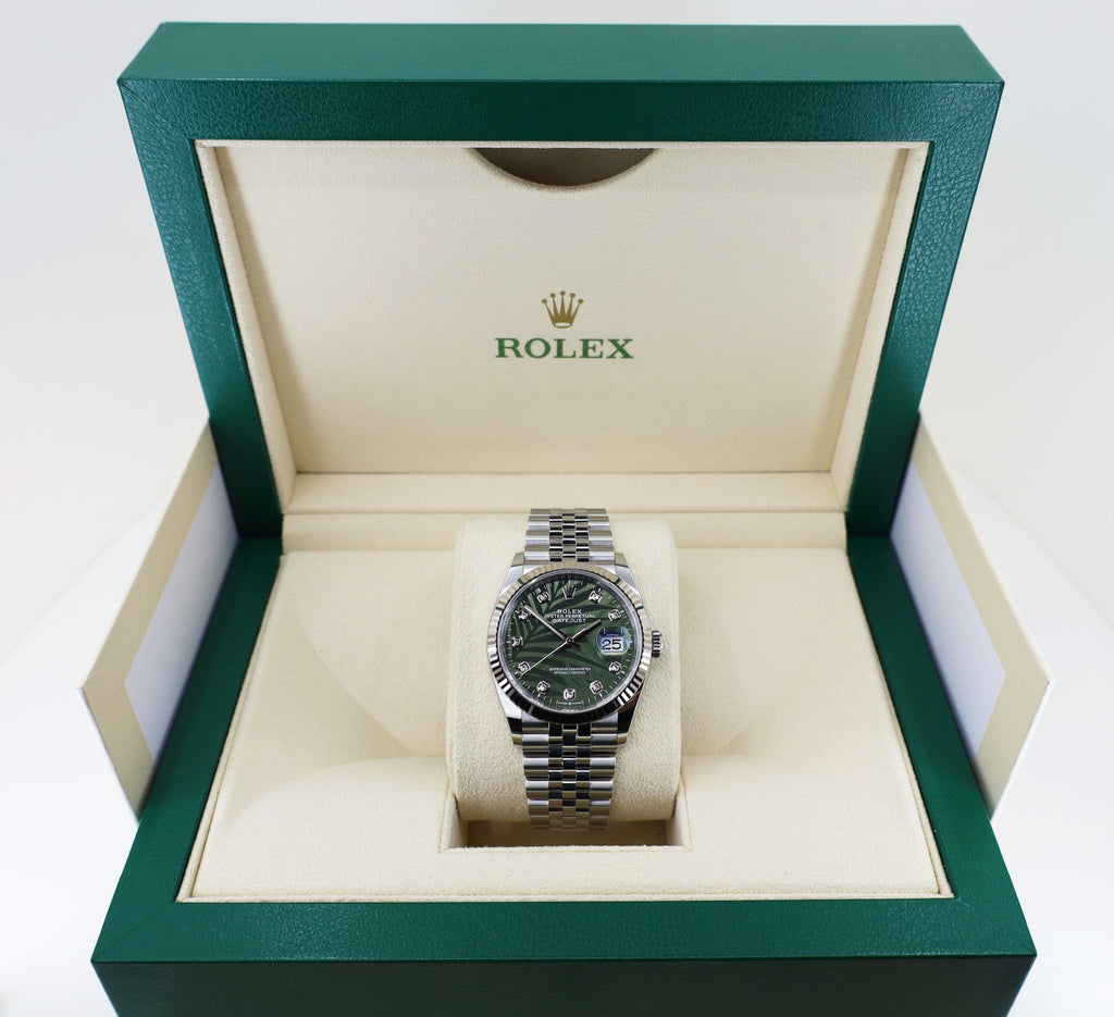 Rolex White Rolesor Datejust 36 Watch - Fluted Bezel - Olive Green Palm Motif Diamond 6 Dial - Jubilee Bracelet - 126234 ogpmdj - Luxury Time NYC
