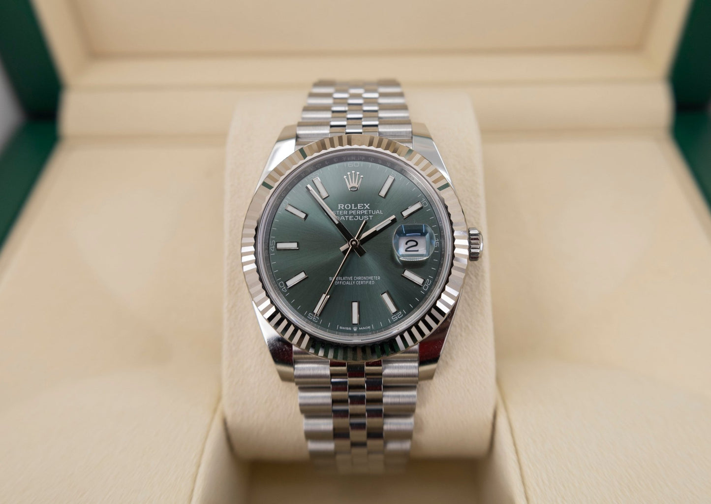 Rolex White Rolesor Datejust 41 Watch - Fluted Bezel - Mint Green Index Dial - Jubilee Bracelet - 126334 - Luxury Time NYC