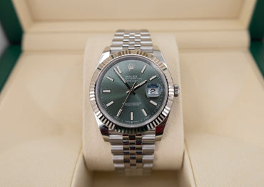 Rolex White Rolesor Datejust 41 Watch - Fluted Bezel - Mint Green Index Dial - Jubilee Bracelet - 126334 - Luxury Time NYC