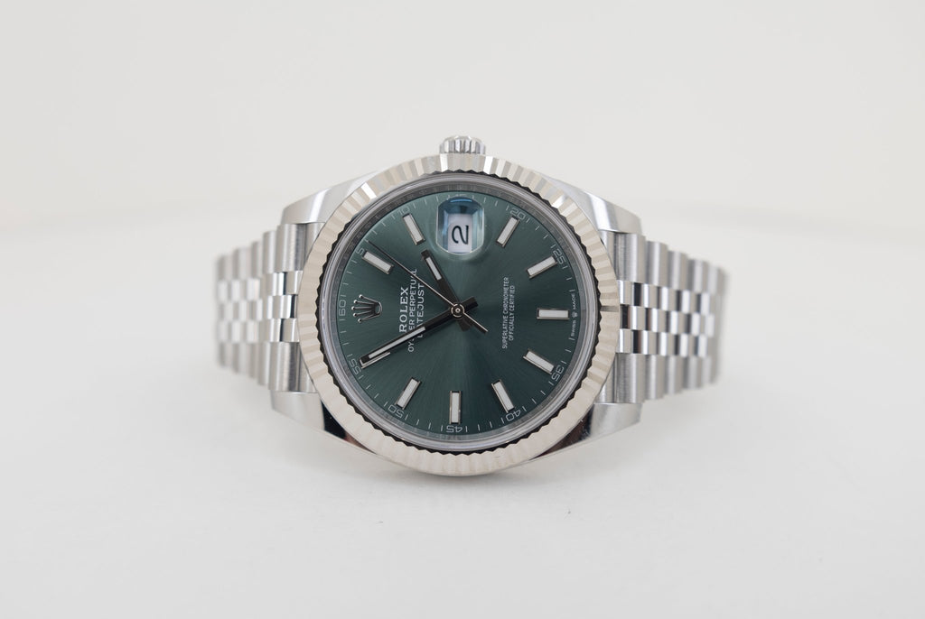 Rolex White Rolesor Datejust 41 Watch - Fluted Bezel - Mint Green Index Dial - Jubilee Bracelet - 126334 - Luxury Time NYC