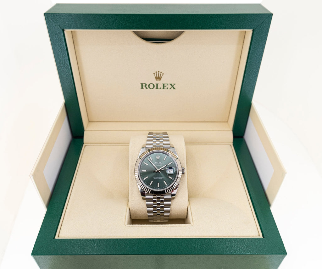 Rolex White Rolesor Datejust 41 Watch - Fluted Bezel - Mint Green Index Dial - Jubilee Bracelet - 126334 - Luxury Time NYC