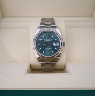 Rolex White Rolesor Datejust 41 Watch - Fluted Bezel - Mint Green Index Dial - Oyster Bracelet - 126334 - Luxury Time NYC