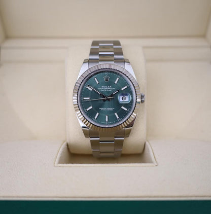 Rolex White Rolesor Datejust 41 Watch - Fluted Bezel - Mint Green Index Dial - Oyster Bracelet - 126334 - Luxury Time NYC