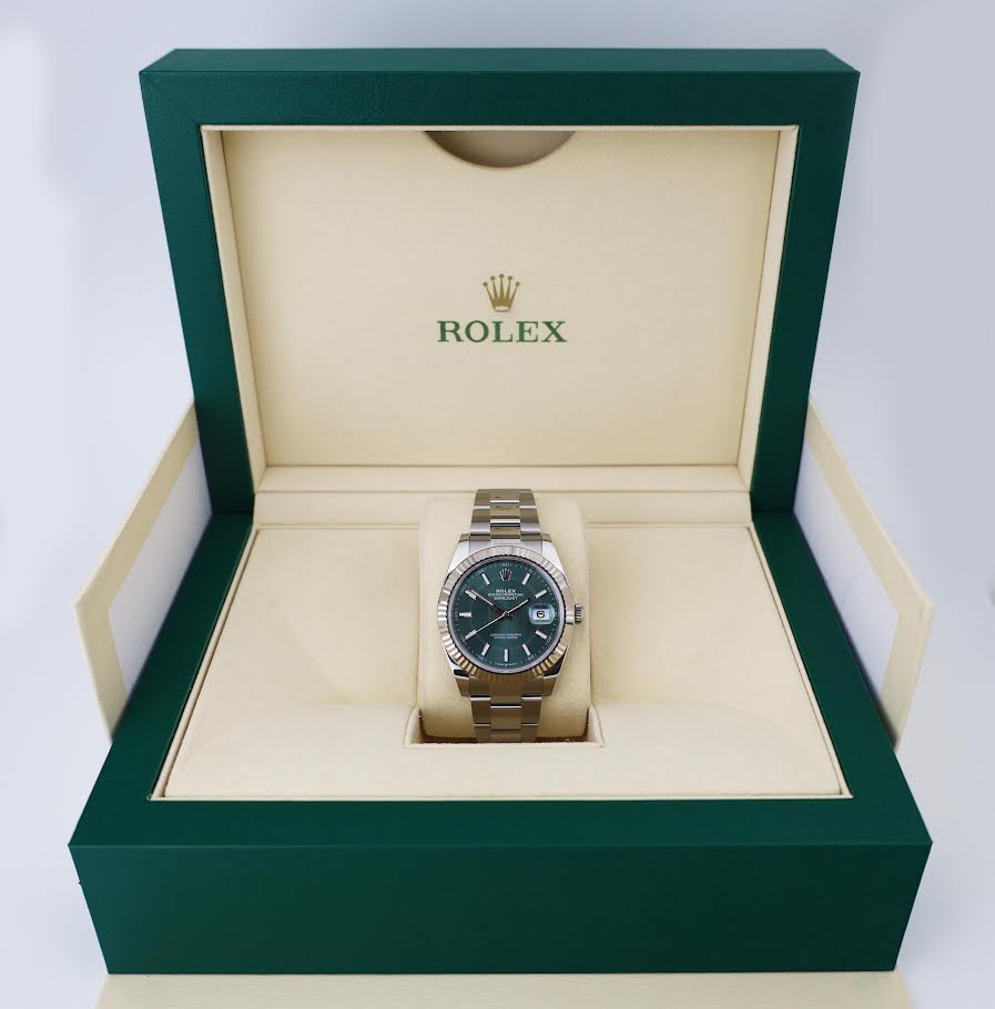 Rolex White Rolesor Datejust 41 Watch - Fluted Bezel - Mint Green Index Dial - Oyster Bracelet - 126334 - Luxury Time NYC