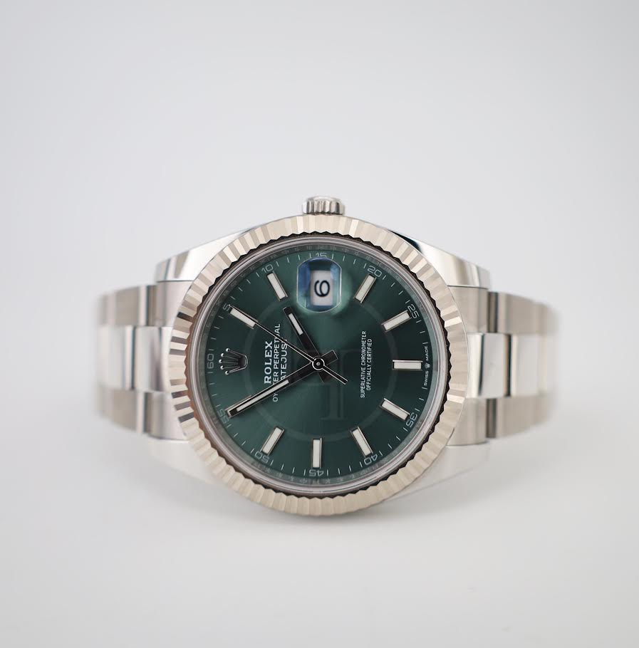 Rolex White Rolesor Datejust 41 Watch - Fluted Bezel - Mint Green Index Dial - Oyster Bracelet - 126334 - Luxury Time NYC