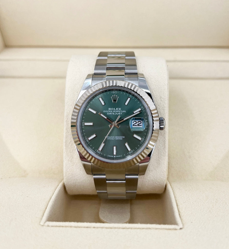 Rolex White Rolesor Datejust 41 Watch - Fluted Bezel - Mint Green Index Dial - Oyster Bracelet - 126334 - Luxury Time NYC
